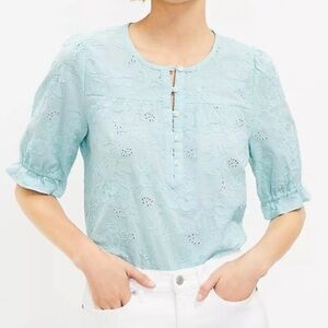 LOFT Light Aqua Blue Eyelet Embroidered Blouse Size M